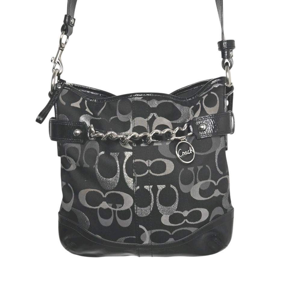 Coach F19820 Signature Optic Chain Shoulder Crossbody Purse Black Silver